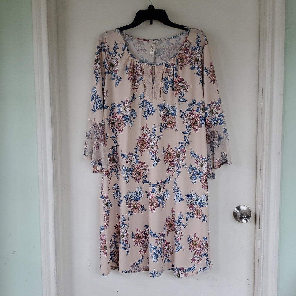 Perseption Cream Like Peach Floral Midi Dress with Blue & Brown Print